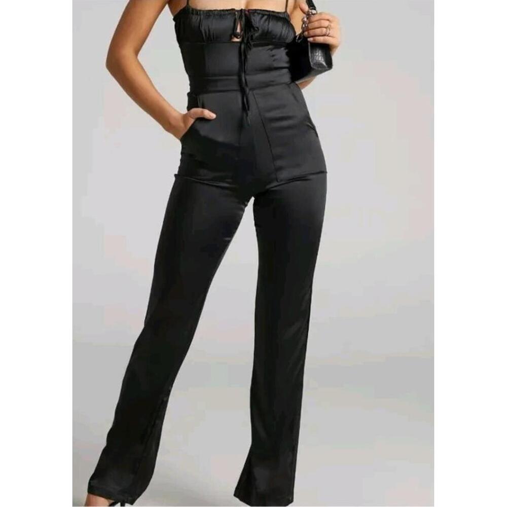 Danielle Bernstein Pull On Stretch Black Satin Jumper Size 6 Jumpsuit NWT #7